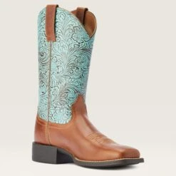 Ariat Women's Round Up Brown/Turquoise Square Toe Boots -Ariat 10042534 medial warm
